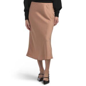 GEMMA+ JANE mocha Satin Soft Flowy Mid Calf Length Skirt
